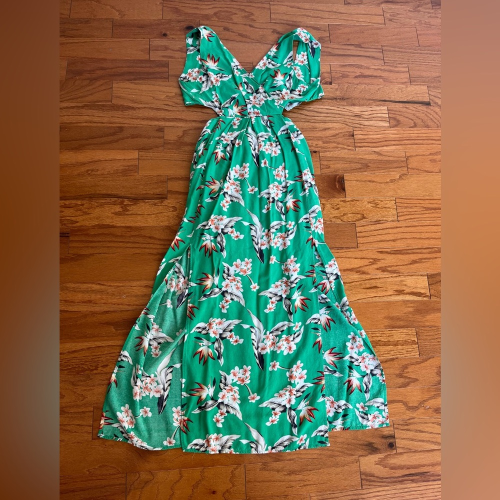 Size small green floral maxi dress with side slits tie back